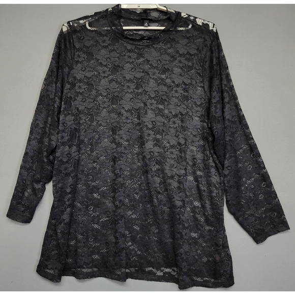 Torrid Shirt Womens 5 Black Sheer Lace Long Sleeve Plus Size Floral Mesh Top - Picture 1 of 12